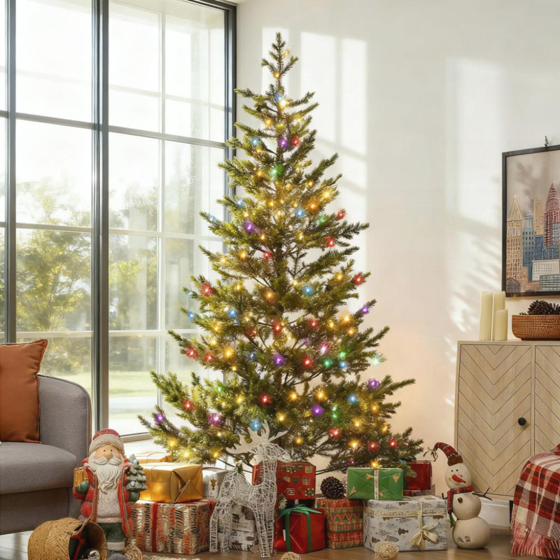 Arbre de Noël artificiel 7 pi avec base en acier et embouts en polyéthylène pour une décoration de Noël réaliste, H 7 pi