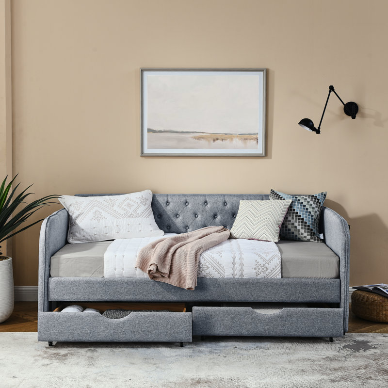  Lit de jour simple rembourré avec couchette, rangement sous le lit et accoudoirs plats avec poche latérale, design extensible, gris