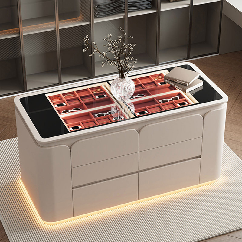 Armoire à bijoux 59,06 po moderne de style crème minimaliste avec tiroirs de grande capacité, armoire à bijoux et présentoir de plancher