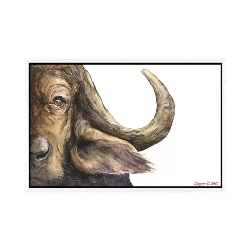 Cape Buffalo 1 Piece Painting on Canvas, 101.6cm H x 152.4cm W x 3.81cm D, White Framed