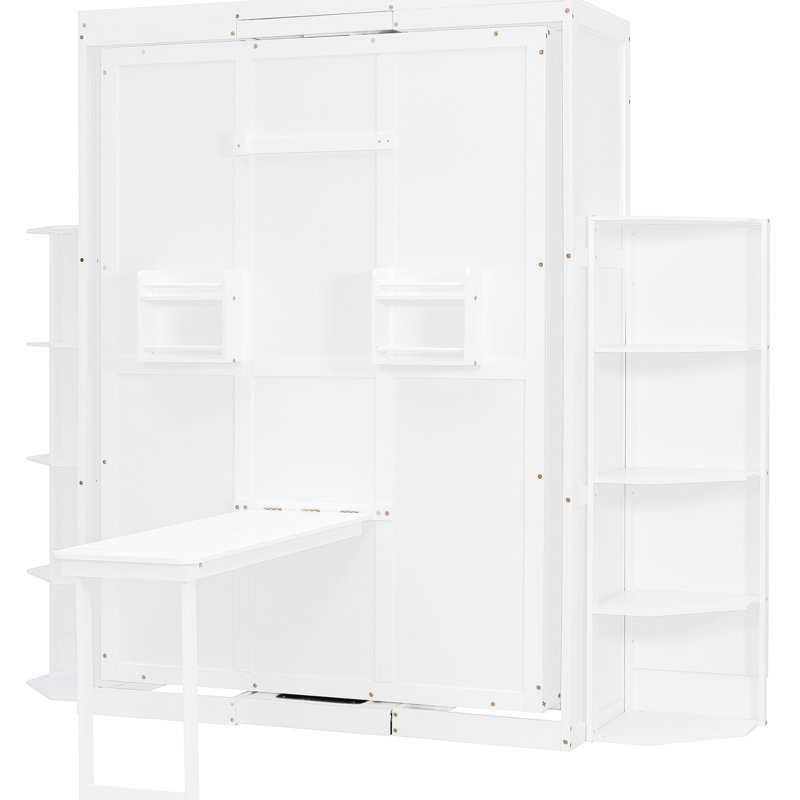 Lit rotatif avec armoire murale cachée, deux tablettes latérales à 3 niveaux, bureau convertible, rangement supplémentaire, idéal pour les petits espaces et les bureaux à domicile compacts, espace de travail blanc grand format 360, espaces,
