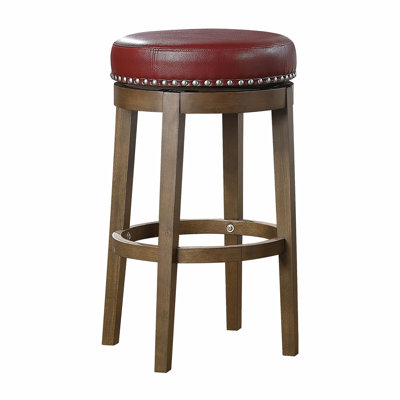 Ensemble de 2 tabourets de bar ronds et pivotants, siège pivotant à 360 degrés en similicuir rouge avec garniture cloutée et cadre en bois massif à finition brune