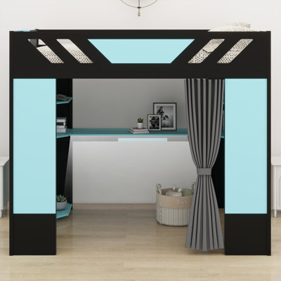 Stylish Wood Loft Bed Frame with Desk, Storage Shelves, Blackout Curtains & RGB Lights