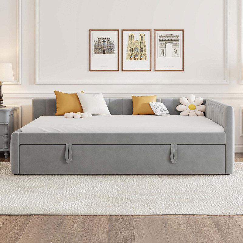 Full Size Upholstered L-Shaped Upholstered Daybed with Twin Size Pop Up Trundle, Gray