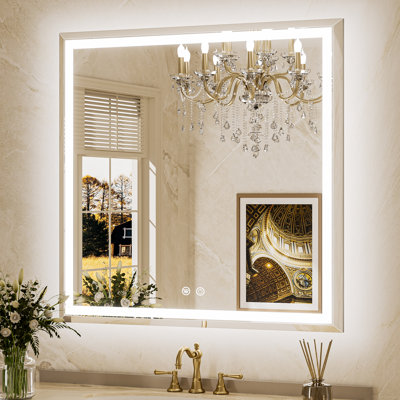 Beveled Front & Back LED Bathroom Vanity Mirror Dimmable Anti-Fog Tempered Glass
