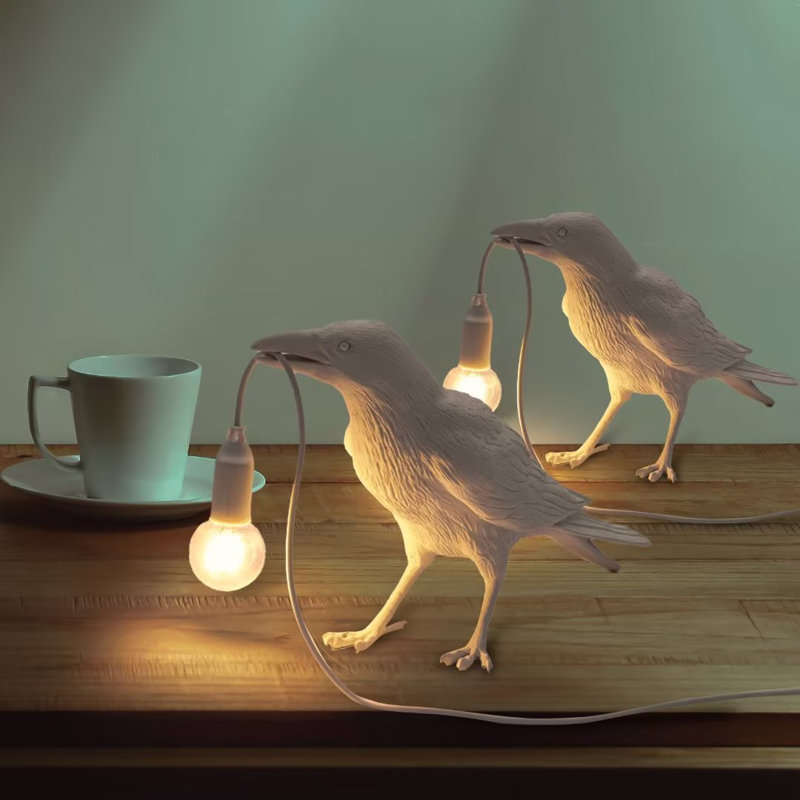 Resin Crow Table Lamp Lights Birds Desk Lamp with Bulb for Bedroom Living Room, White