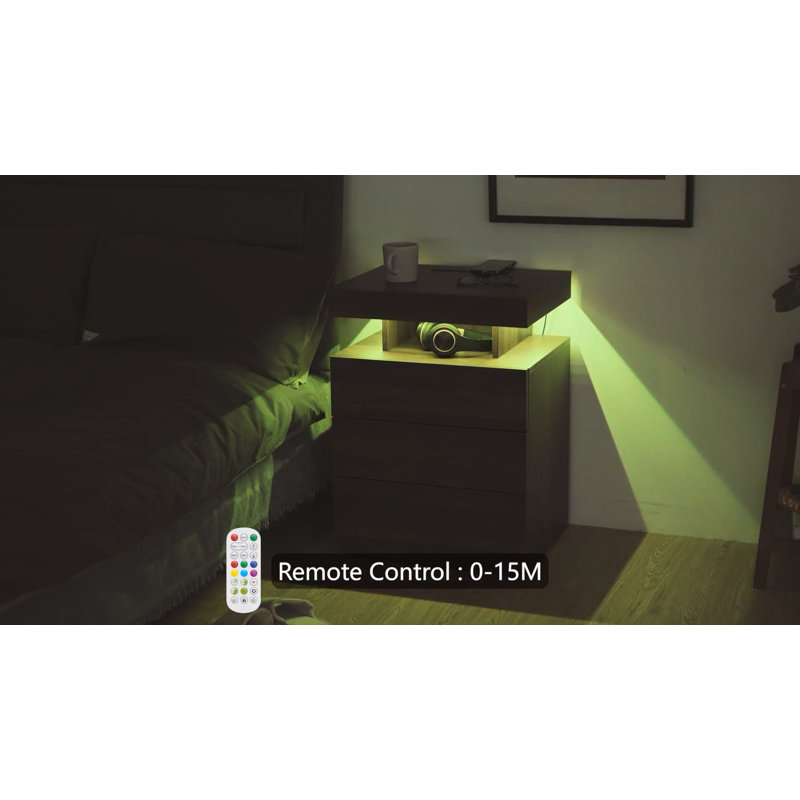 Gray Manufactured Wood Nightstand Set with LED Lights and Wireless Charging