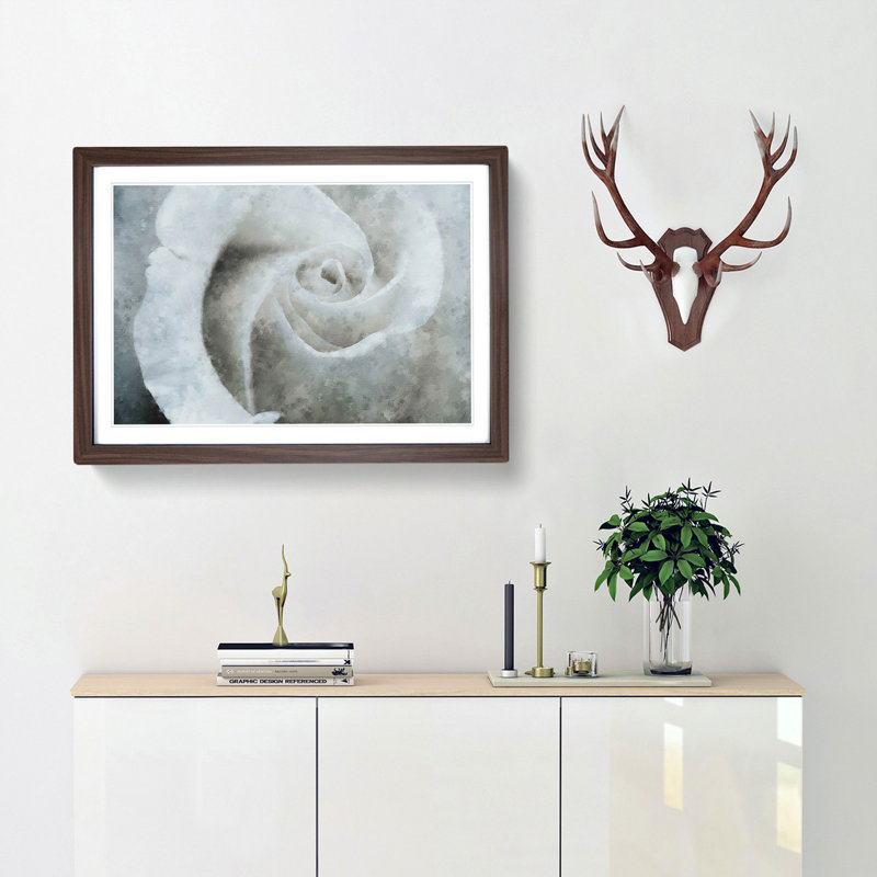 White Rose - Single Picture Frame Painting on MDF, 24cm H x 33cm W x 2cm D, Walnut Framed