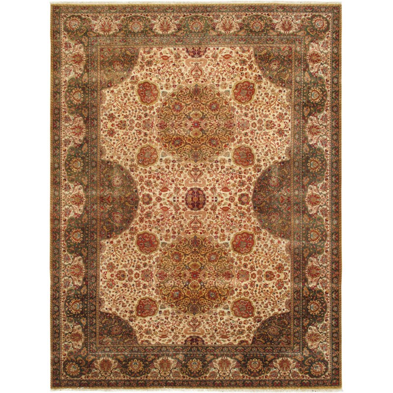 Ivory Floral Agra Hand-Knotted Wool Area Rug, 9'1" x 12'7"
