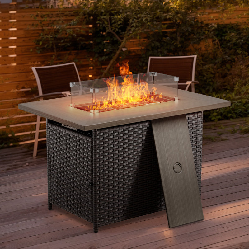 Schutt Rectangular PE Wicker Fire Pit Table With Lid - 50,000 BTU Adjustable Outdoor Heater, Brown