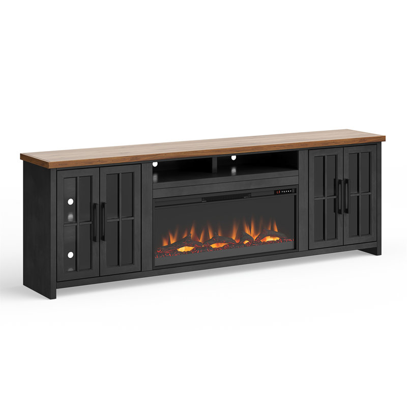Essex 97 Inch Black and Whiskey Fireplace TV Stand with Cabinet