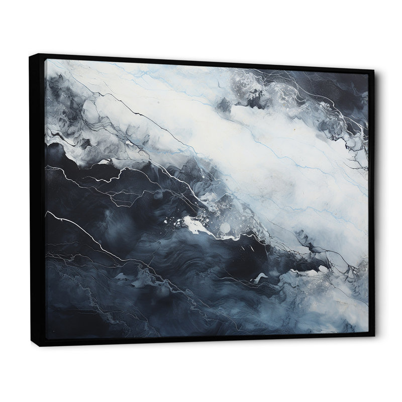 Bleu et blanc rivière de marbre I - décoration murale abstraite, Cadre flottant noir, H 16 po x l 32 po x P 1 po