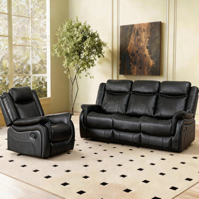 	 Ensemble d'inclinaison 2 pièces - canapé avec table rabattable et porte-gobelets + fauteuil inclinable, manuel 90 ° à 160 °, similicuir