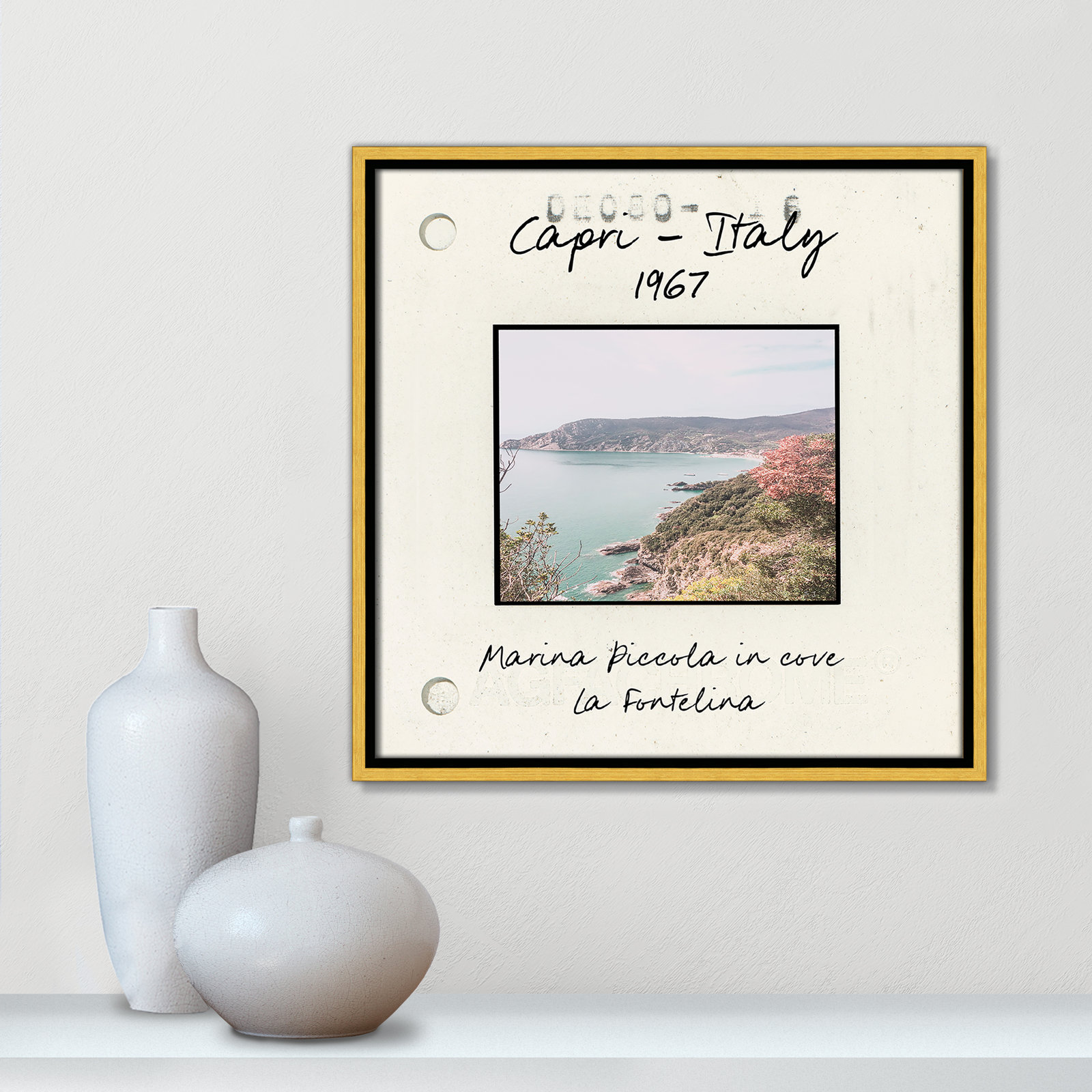 Travel Slide Collection "Capri, Italy - Marina Piccola" Print, 17.5" H x 17.5" W x 2" D, Gold Floater Framed Canvas