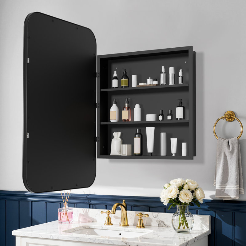 Armoire à pharmacie avec miroir mural décoratif en fer noir 23,6 po x H 35,4 po, Noir, 1
