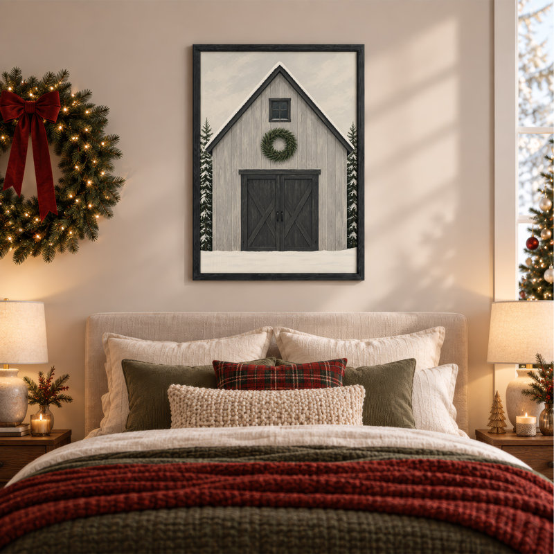 Toile de Noël grange grise avec couronne verte et sapins enneigés, H 48 po x l 36 po