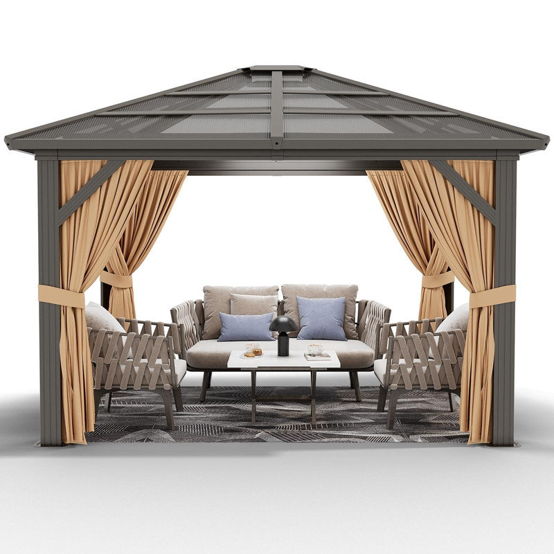 Pavillon de jardin à toit rigide 10 pi x 12 pi - Toit en polycarbonate, cadre en aluminium avec rideaux et filet pour patio et jardin