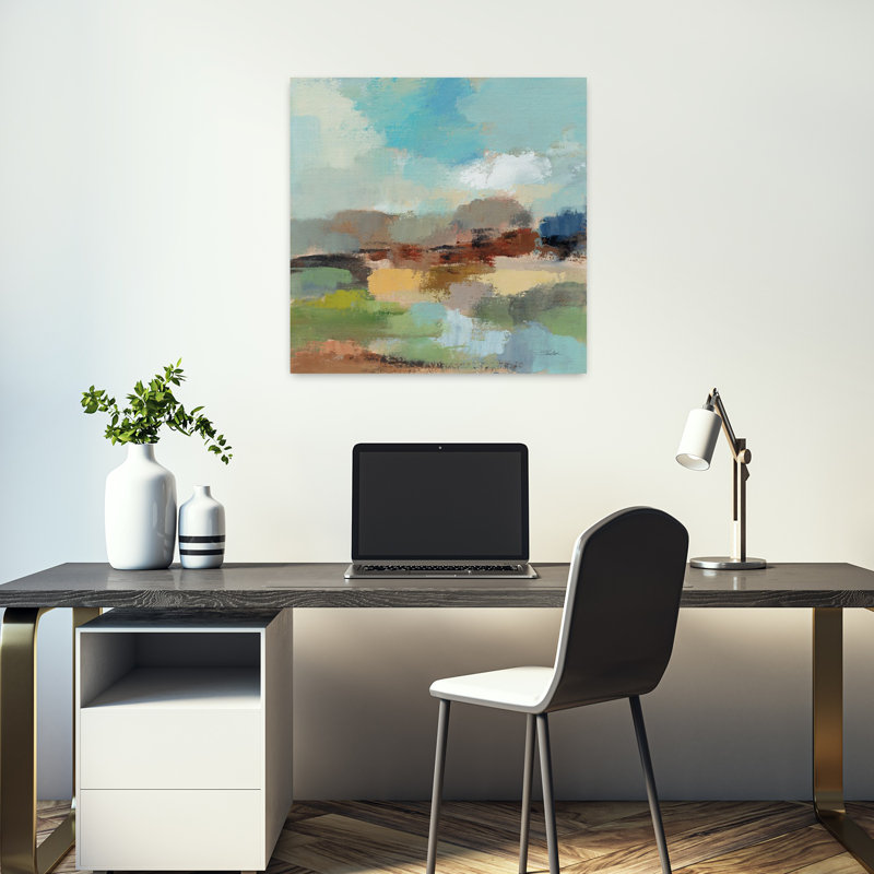 Contemporary Sandy Road I avec art bleu abstrait, H 18 po x l 18 po
