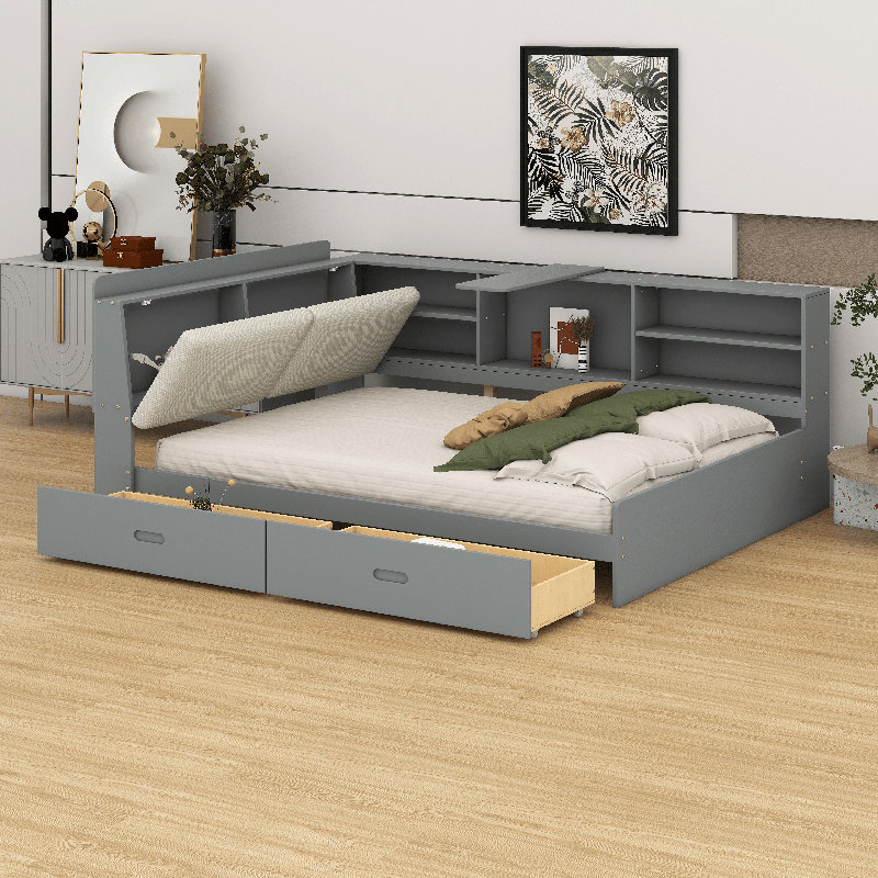Structure de lit de jour pleine grandeur avec rangement en bois, lit plateforme moderne avec tiroirs et tête de lit rabattable et tablettes, lit double avec tête de lit tapissier et rangement, aucun sommier tapissier nécessaire