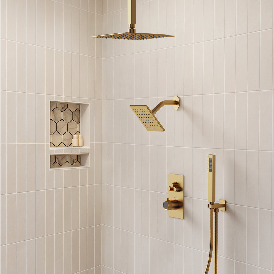 Ceiling Mount 12" High-Pressure Rainfall Shower Faucet, Dual Rainfall Shower Head System with Thermostatic Valve