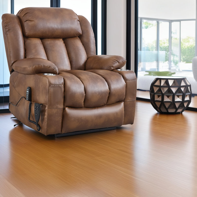Fauteuil inclinable Power Lift avec massage et chaleur - Inclinaison à 180 ° - Deux porte-gobelets - Assemblage facile, Brun
