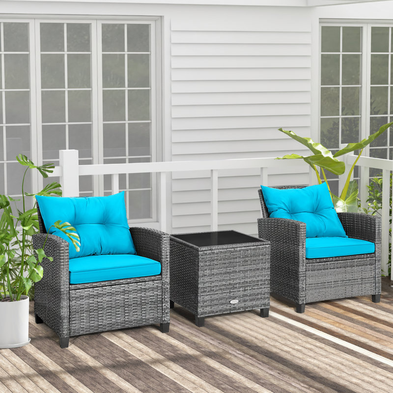 Ensemble de conversation avec coussins pour 2 personnes Patiojoy Wicker, Turquoise