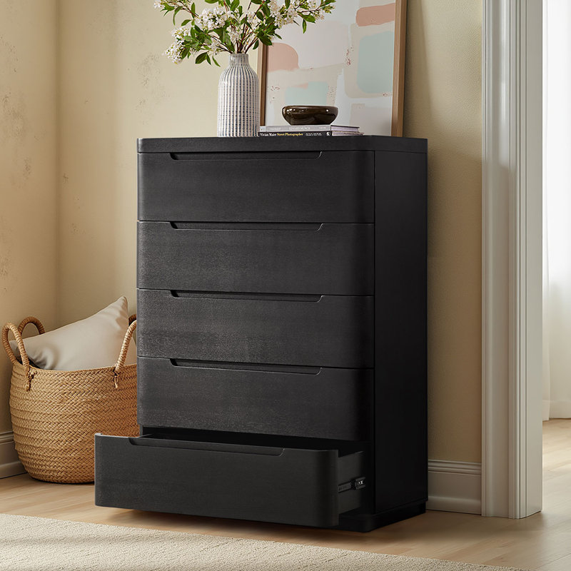Commode en bois de chêne moderne à 5 tiroirs l 36 po Waynesville avec plateau à bijoux amovible et courbes lisses 