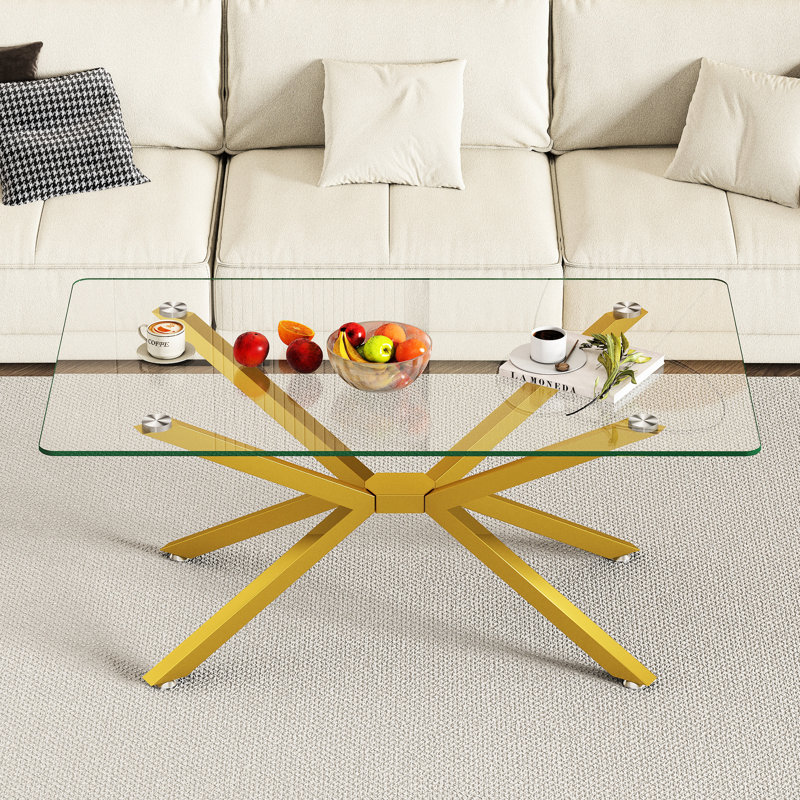 39.37" Rectangular Clear Tempered Glass Coffee Table,Stylish Design With Gold Metal Legs, Coffee Table For Living Room