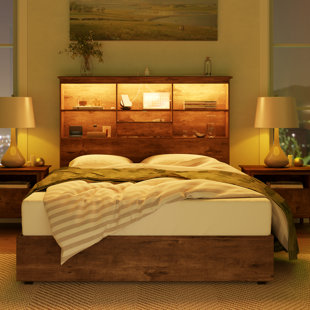 Izena Bed Frame Wooden Platform Bed With Storage Bookcase Headboard