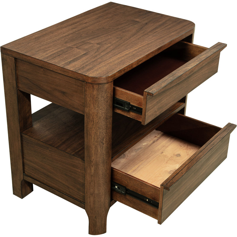 Table de chevet en noyer avec deux tiroirs, colonnes arrondies et tiroir doublé, idéale pour le rangement dans la chambre à coucher, étagère de chevet ouverte à 2 tiroirs de style Mid-Century, placage de bois de feutre brun foncé, décor