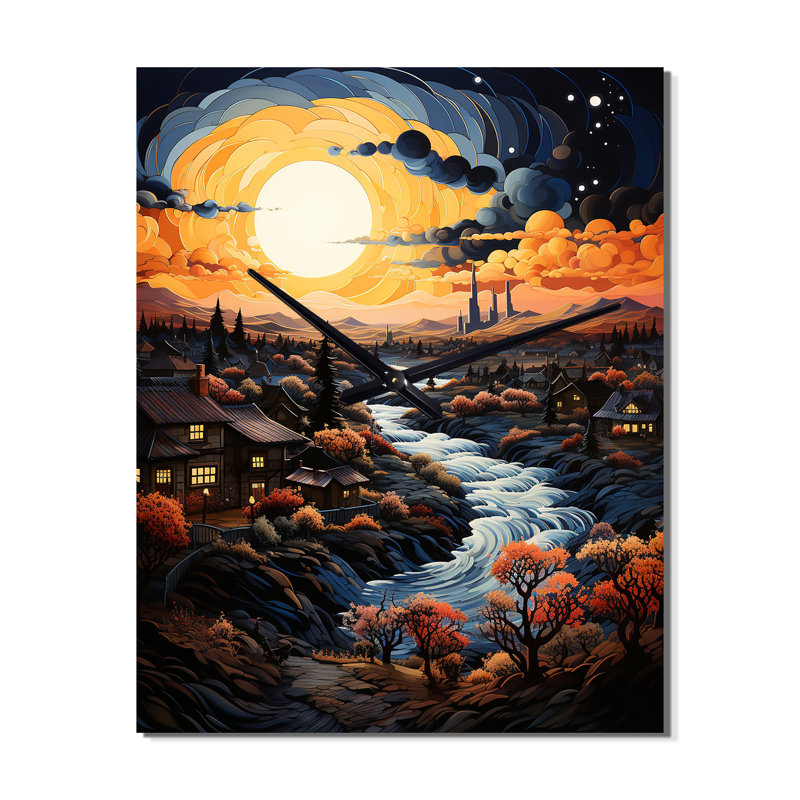 Horloge murale Vangogh Village au coucher du soleil I - Vangogh, Médium