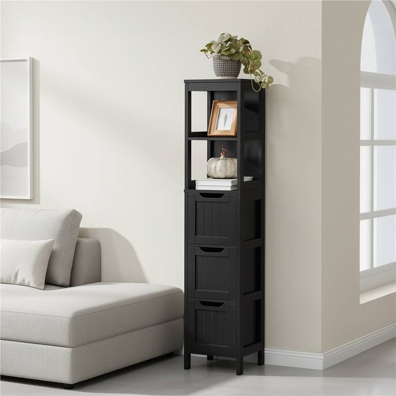 Rangement moderne pour salle de bain autoportant avec 3 tiroirs et 2 tablettes ouvertes, Noir