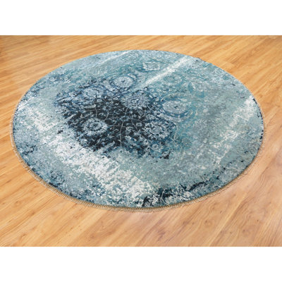 Tapis décoratif bleu noué à la main 8 pi 8 po de conception unique Chalino