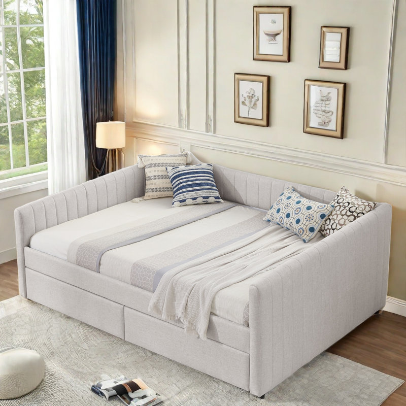 Upholstered Daybed with Two Drawers Rainbolt, Beige