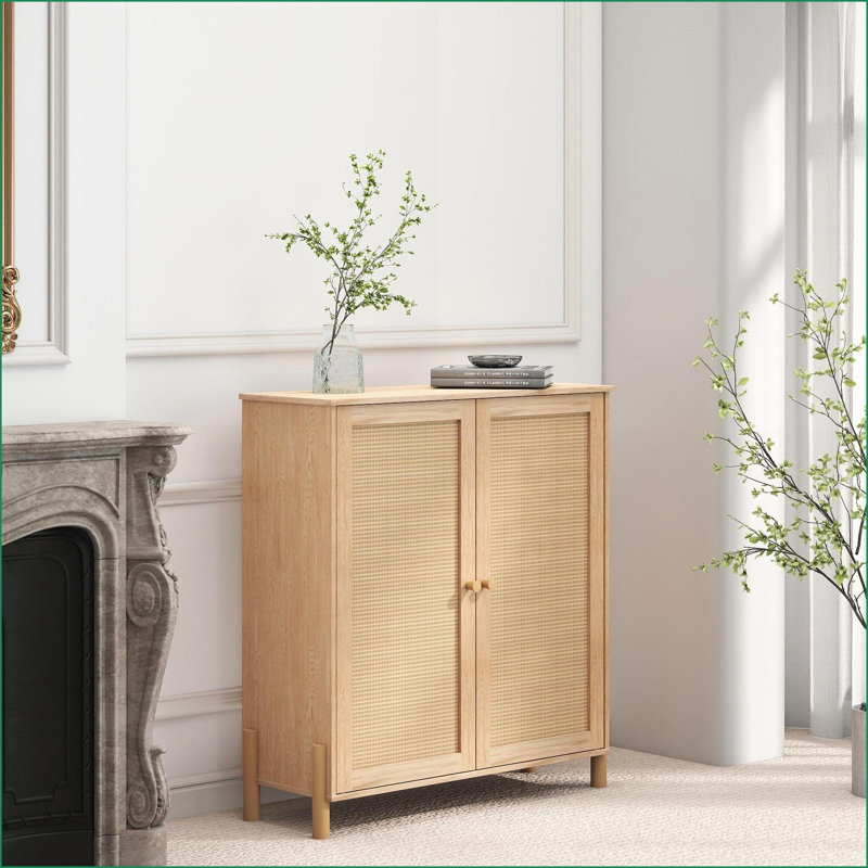 Armoires avec portes en rotin tissé & amp; Tablettes réglables | Mid-Century | Beige | Panneau de particules