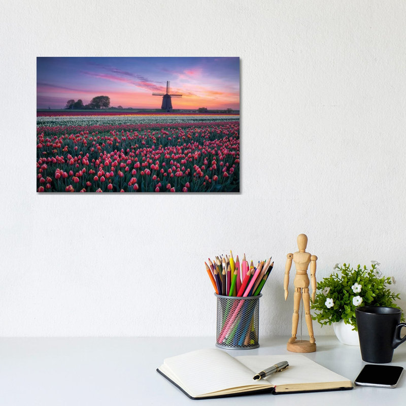 Windmill And Tulips by Dick Van Duijn - Print on Canvas, 20.32cm H x 30.48cm W x 1.91cm D, Wrapped Canvas