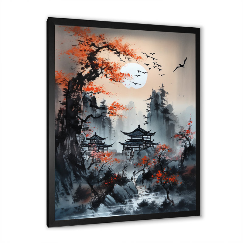 Fourche Red Moonset Raven Cry Japon IV, H 20 po x l 12 po x P 1 po, Cadre photo noir