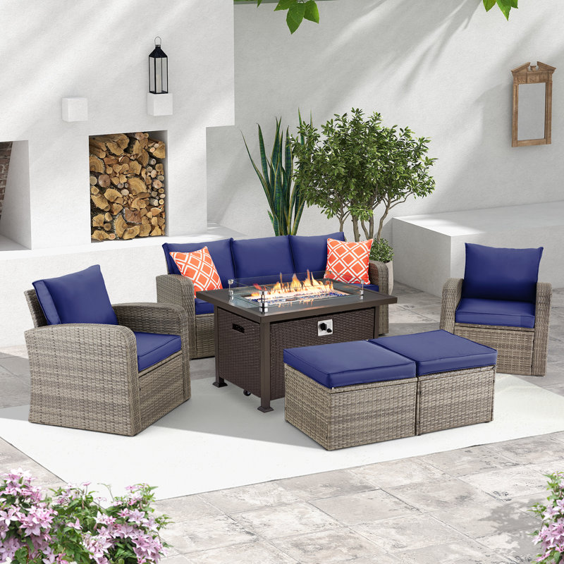 Wicker/Rattan 7 - Person Seating Group with Fire Pit Table, Navy Blue