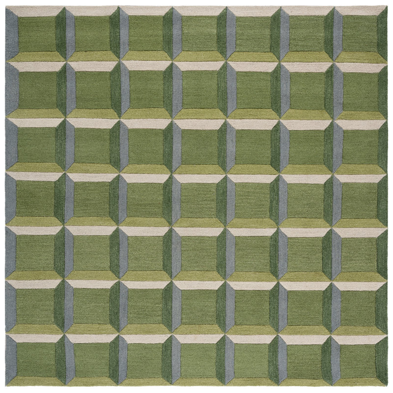 Giedre Geometric Hand Tufted Cotton/Wool Area Rug in Green/Beige, Square 3'