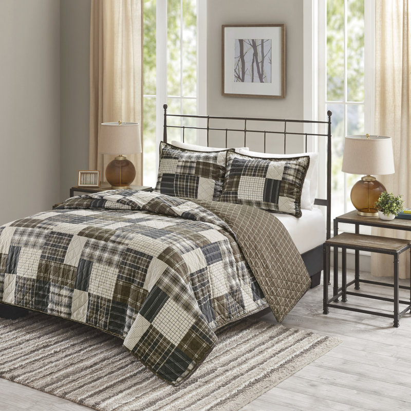 Couette réversible King/King, noire/brun, garnie de coton et imprimée, patchwork doux.