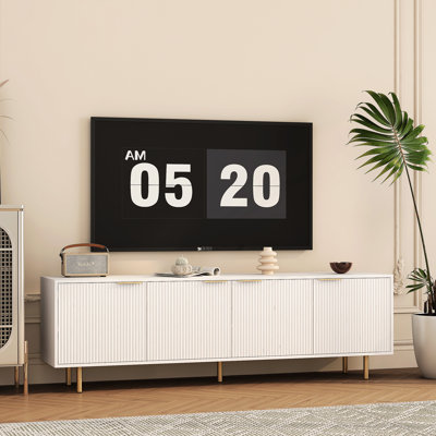 White Fluted Tv Stand With Power Supply, 68" For 70-79 Inch Tv, Entertainment Center Storage Doors, Console Media Cabinet Living Room Outlet, Compartments,