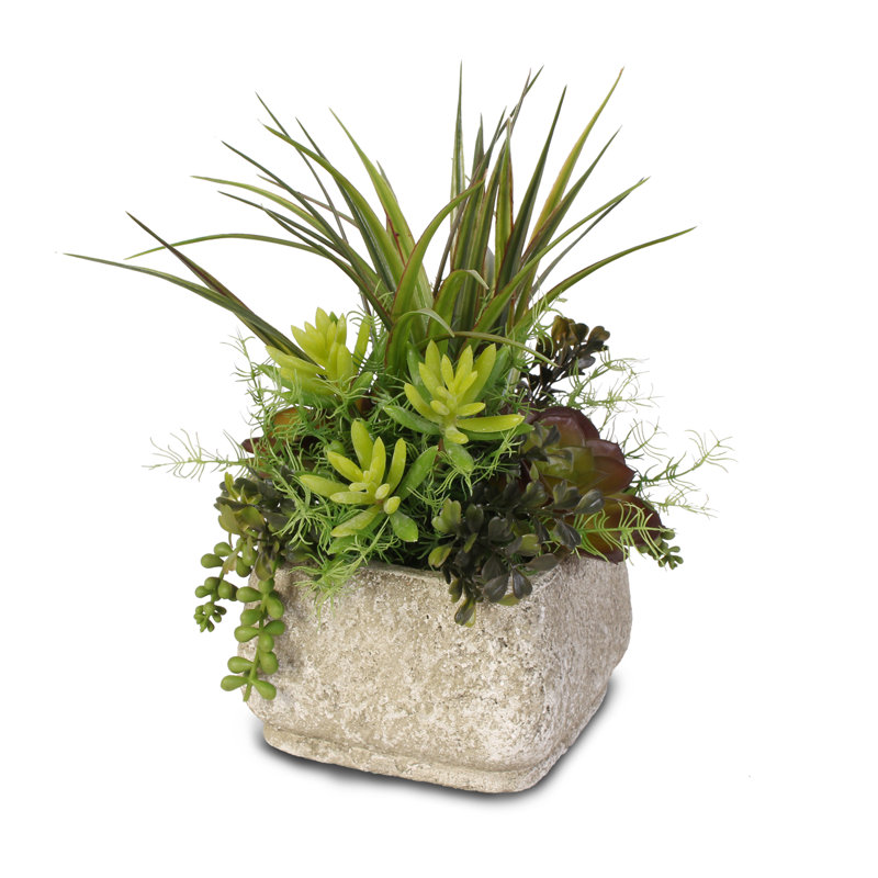 Green and Dark Brown Silk Succulent Arrangement in Stone Pot