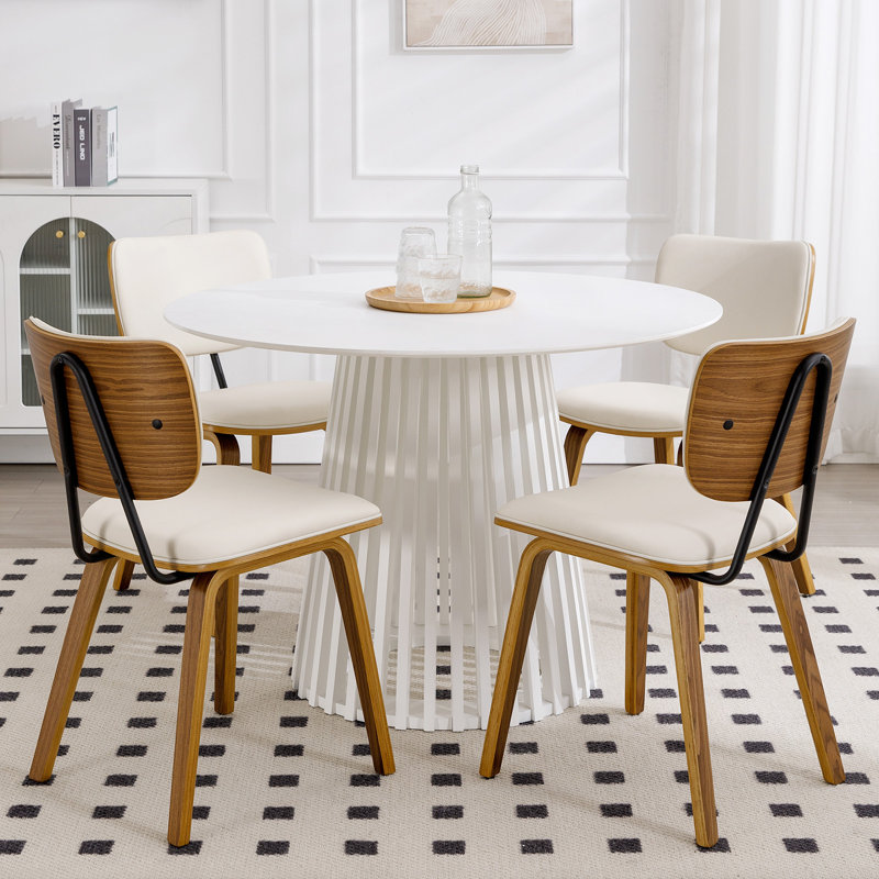 Faux Leather Upholstered Side Chair Dining Chair And Walnut Wood Finish, 4, White