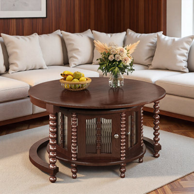 Round Nesting Coffee Table With Bamboo-shaped Decorative Glass Doors, Retro Beaded Legs And Storage Space