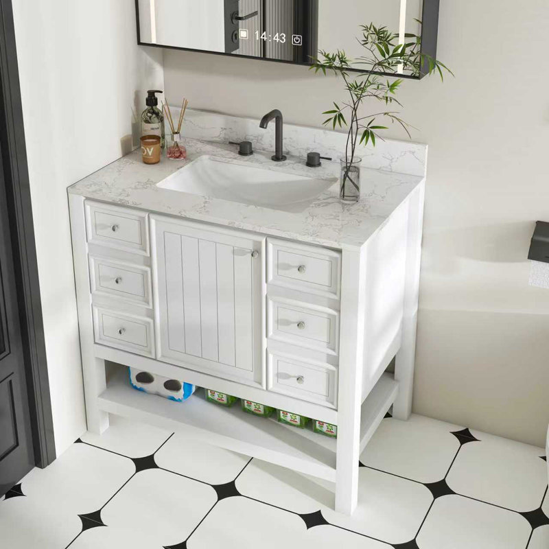 Ensemble de meuble-lavabo moderne de 37 po avec plateau Carrara blanc, armoire de salle de bain multifonctionnelle avec portes et tiroir, cadre et panneau en MDF (trois trous de robinet)