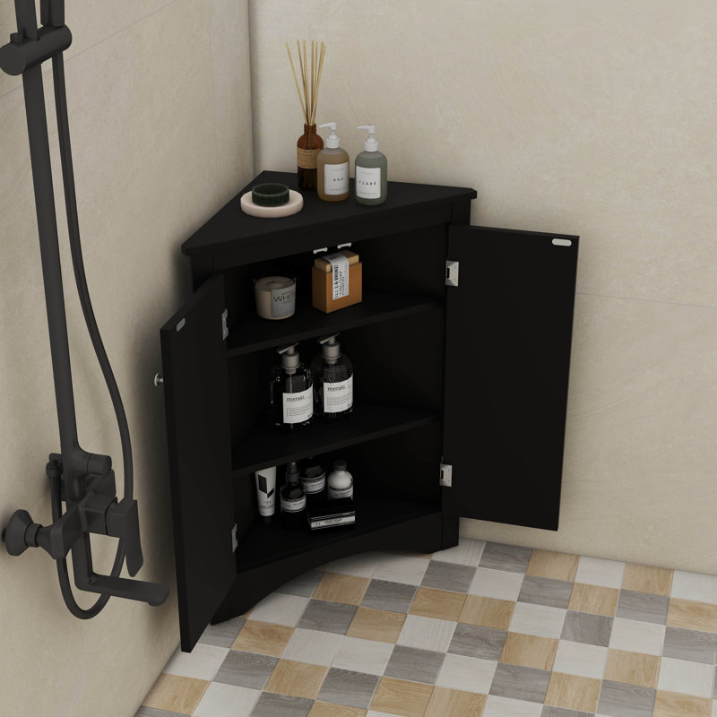 Armoire de coin triangulaire avec tablettes réglables et portes élégantes, Noir