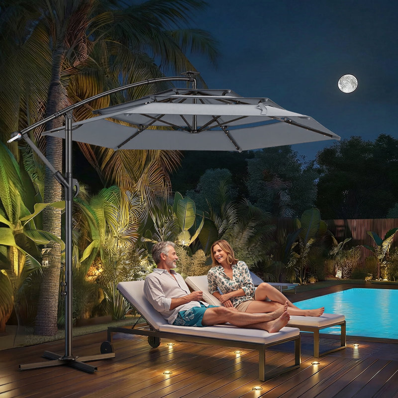 Parasol en porte-à-faux 120 "éclairé, parasol de patio en porte-à-faux à 3 niveaux de 10 pi à 3 niveaux avec éclairage solaire à DEL suspendu et suspendu pour la plage, la cour, la terrasse et la piscine