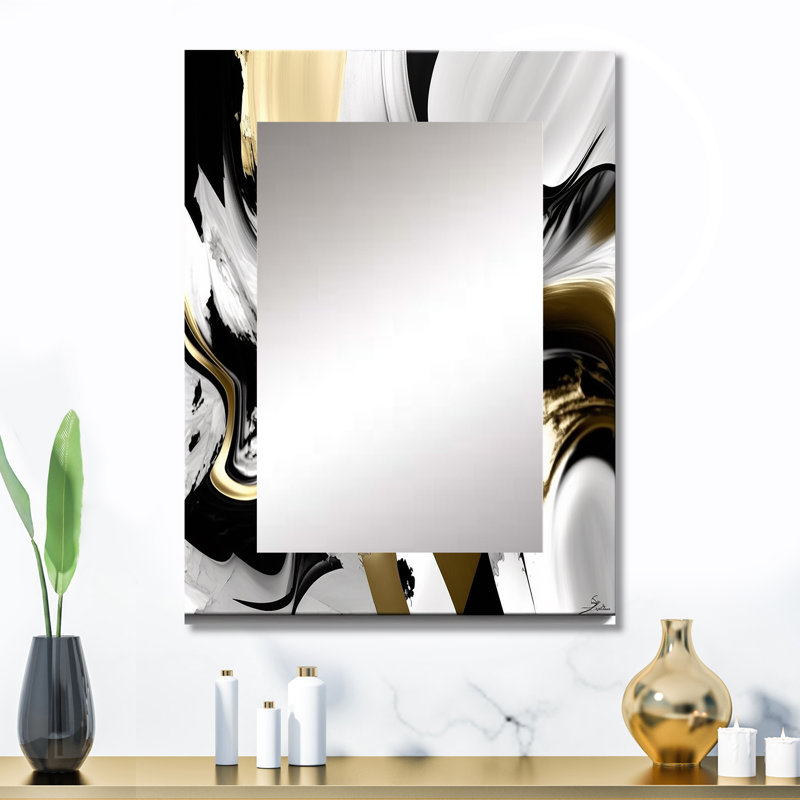 Golden Wave Reflections II - grand miroir mural abstrait, miroir décoratif noir, impression d'art en métal, 32 po x 24 po