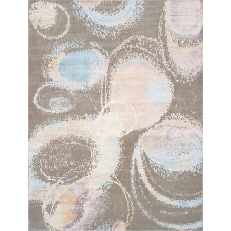 Hand Knotted Wool Abstract Area Rug in Ivory