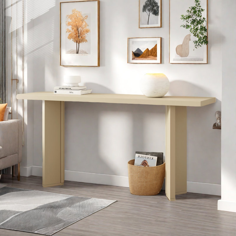 Console moderne avec structure de forme géométrique et grain de bois, Beige